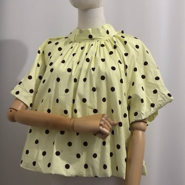 Blouse Cape à Pois Jaune Pâle et Marron, Nœud Dos Nu