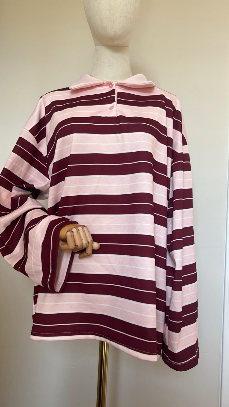 Polo oversize rayé rose & bordeaux, col rose poudré