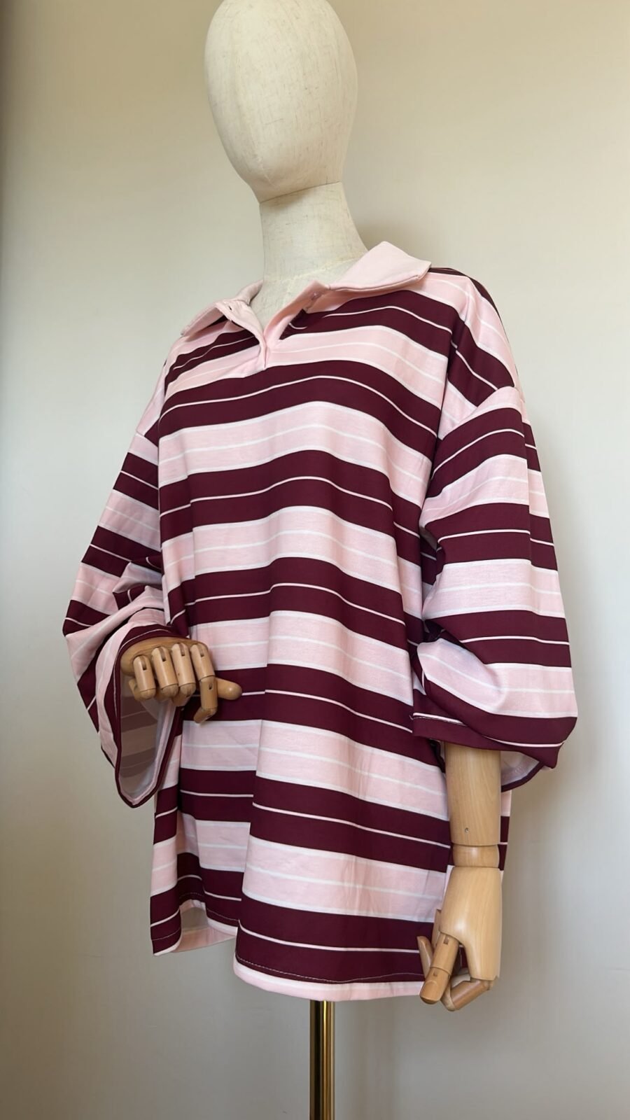 Polo oversize rayé rose & bordeaux, col rose poudré